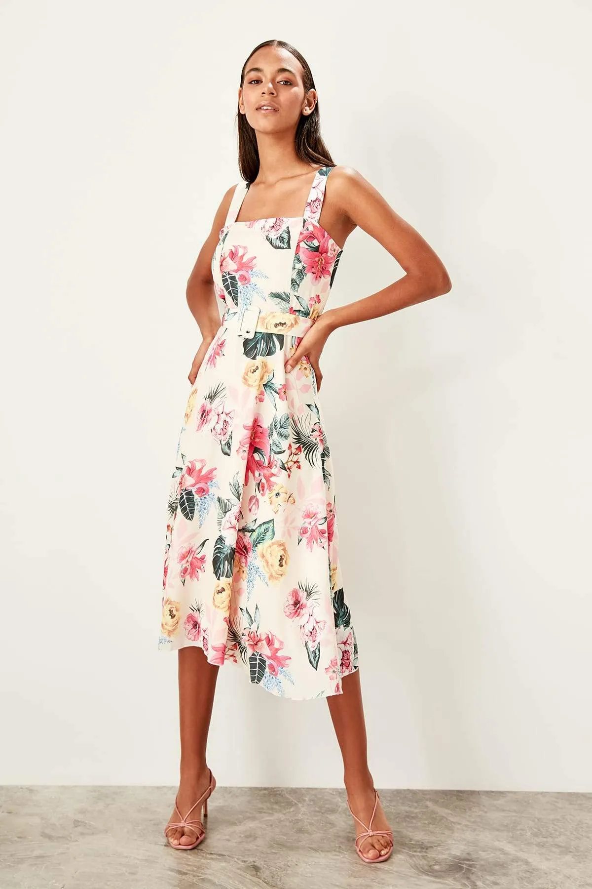 10939 Multi Colour Floral Belted Dress