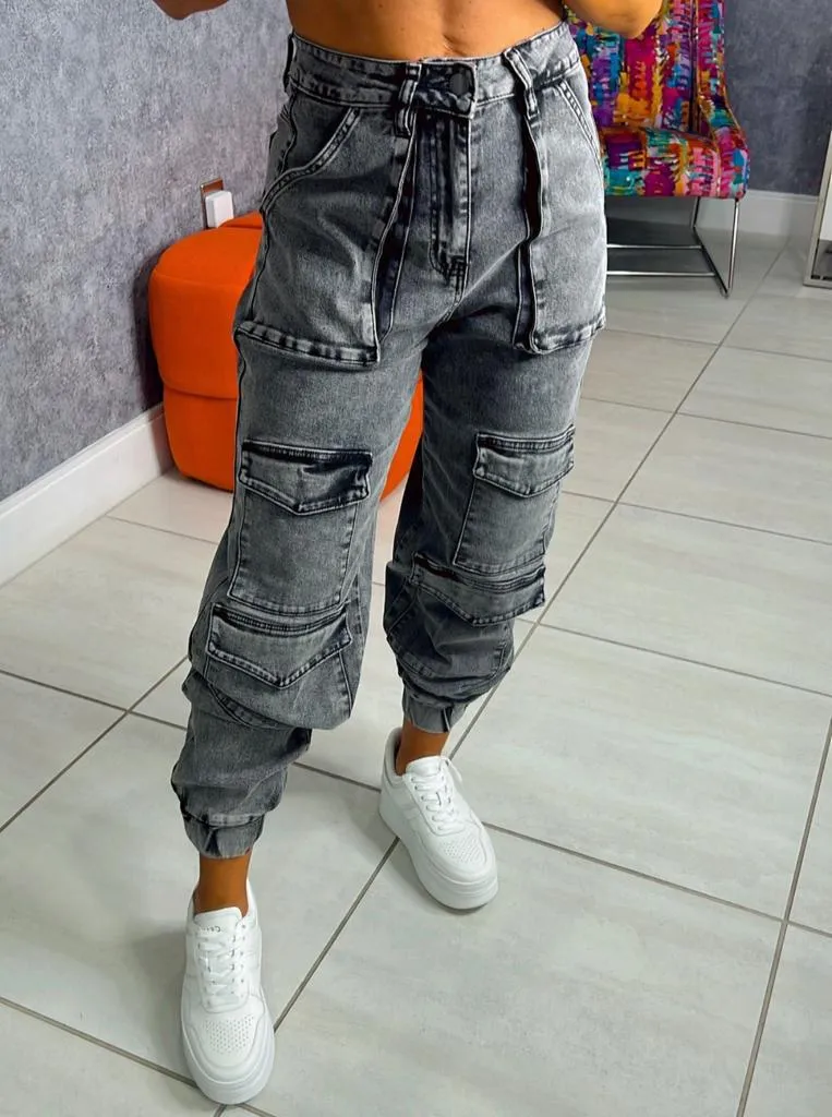 8485 Multi pocket acid wash denim joggers