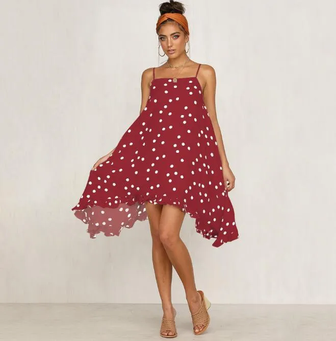 A-line Spaghetti Strap Ruffled Polka Dot Print Bohemian Midi Dress