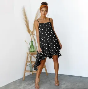 A-line Spaghetti Strap Ruffled Polka Dot Print Bohemian Midi Dress