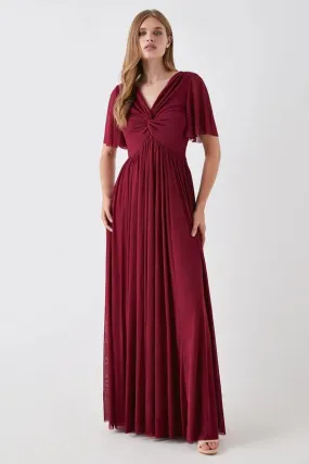 Angel Sleeve Stretch Mesh Full Skirted Bridesmaids Maxi Dress