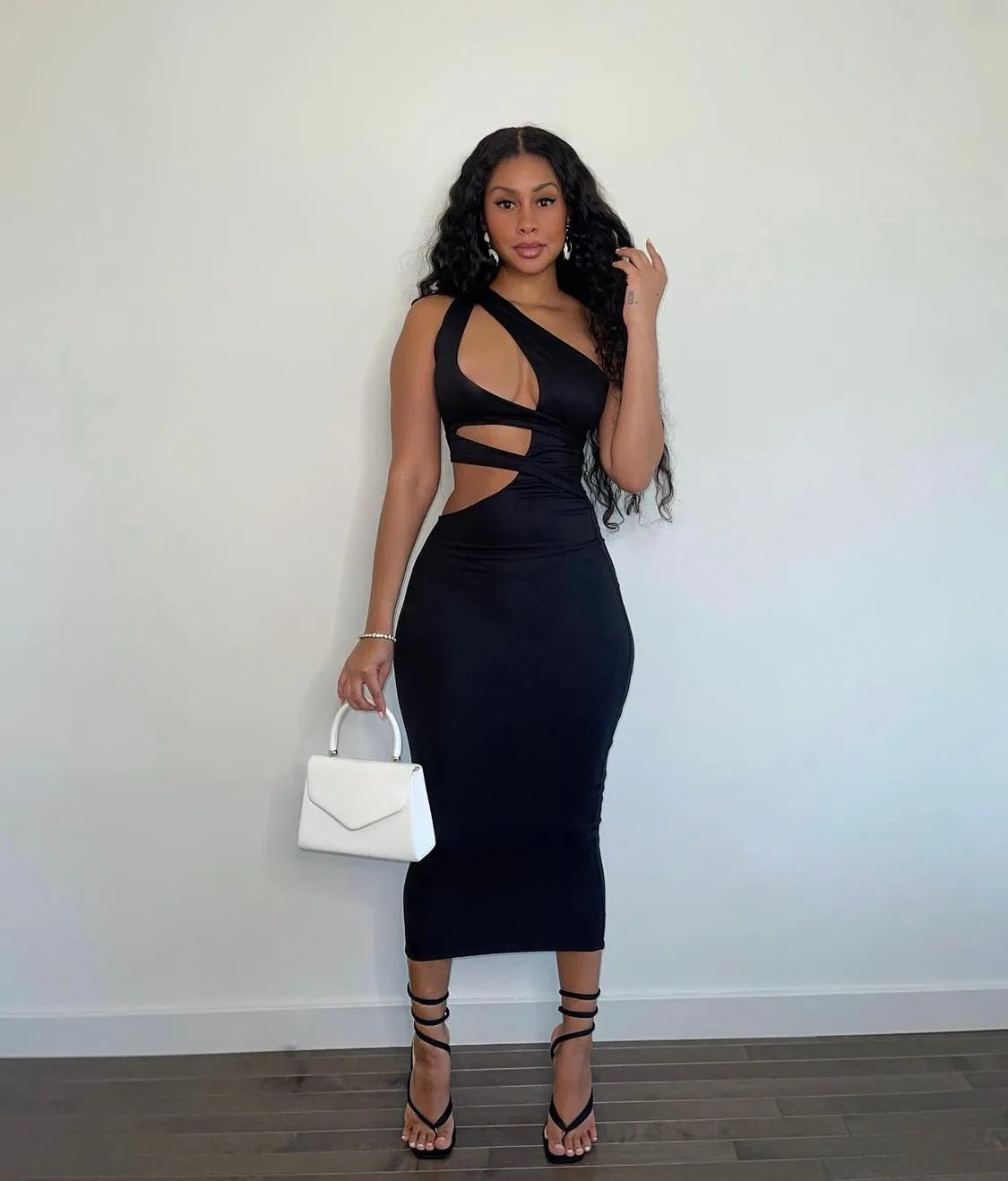 Black One Shoulder Cut Out Midi Dress