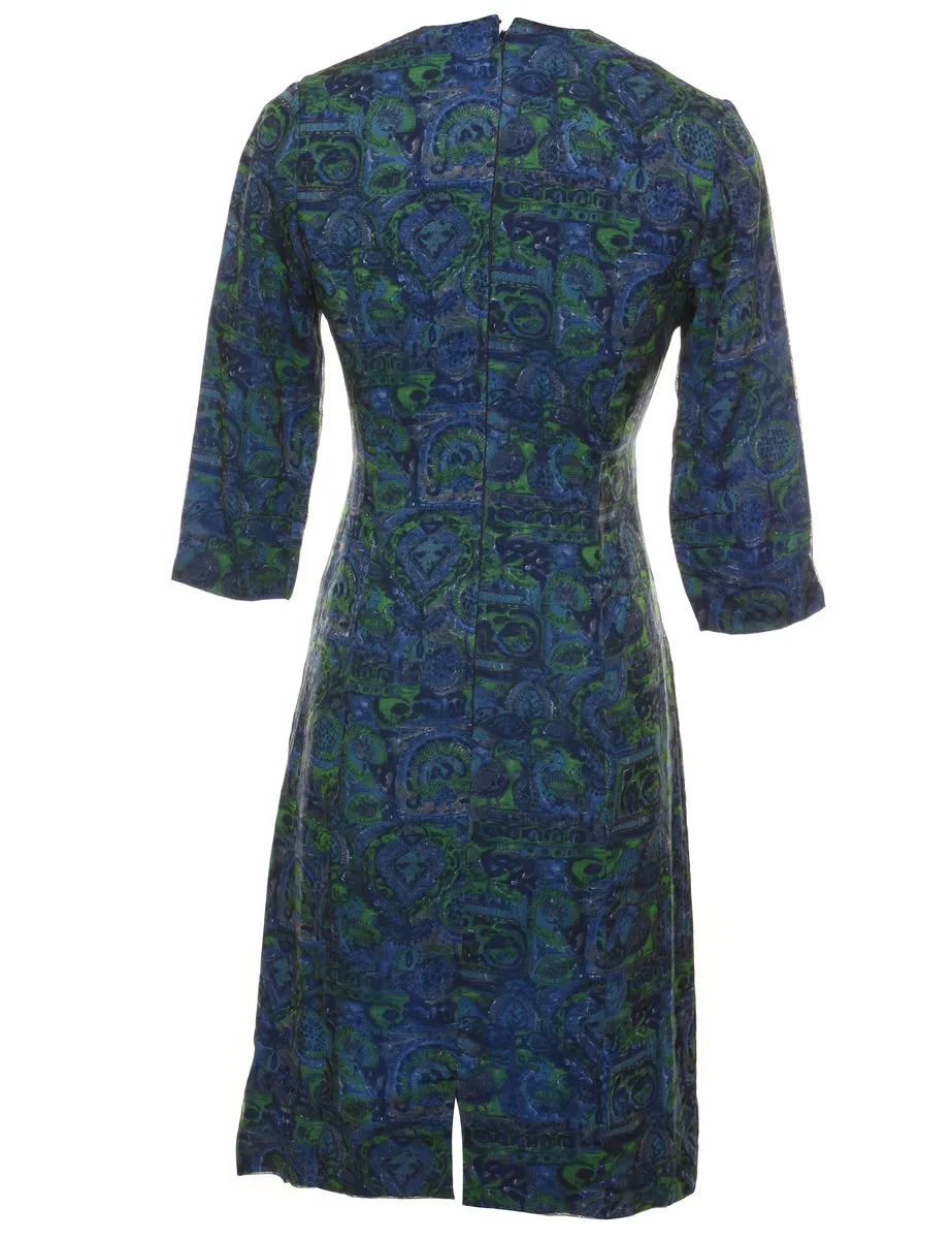 Blue & Green 1960s Midi Dress - S