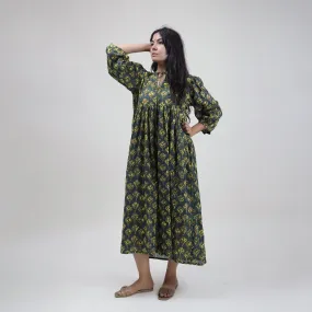 Blue Floral Block Printed Soft Cotton Stylish Dress For Women