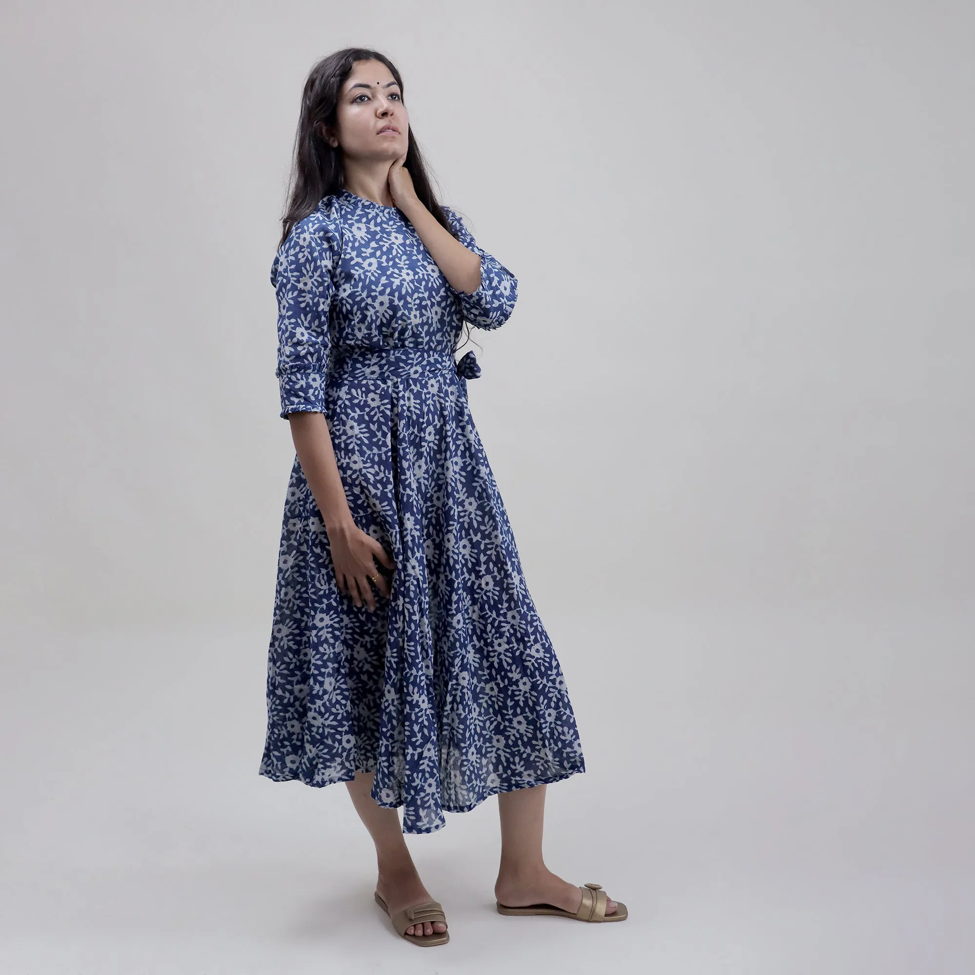 Blue Hand Block Floral Printed Long Midi Dress