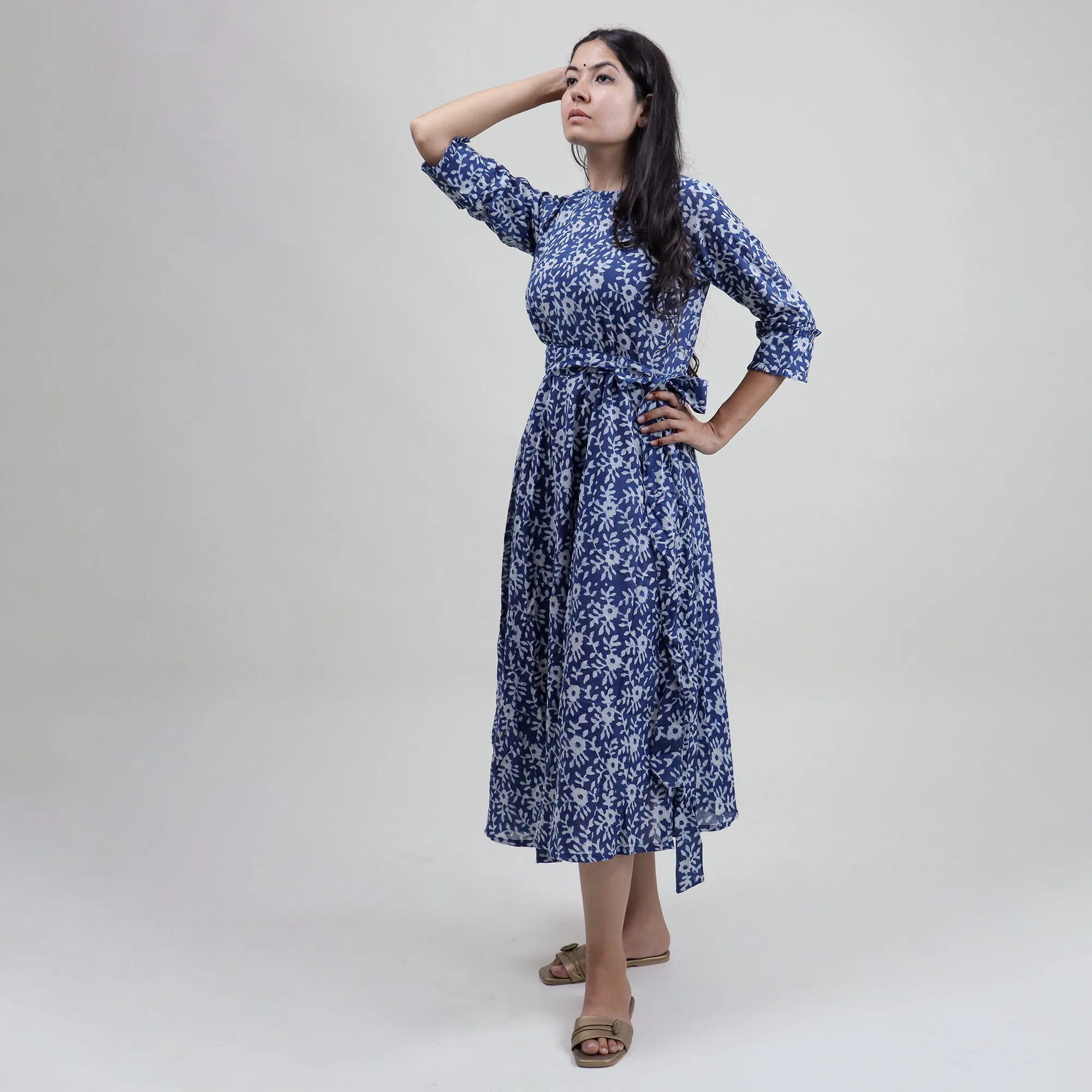 Blue Hand Block Floral Printed Long Midi Dress