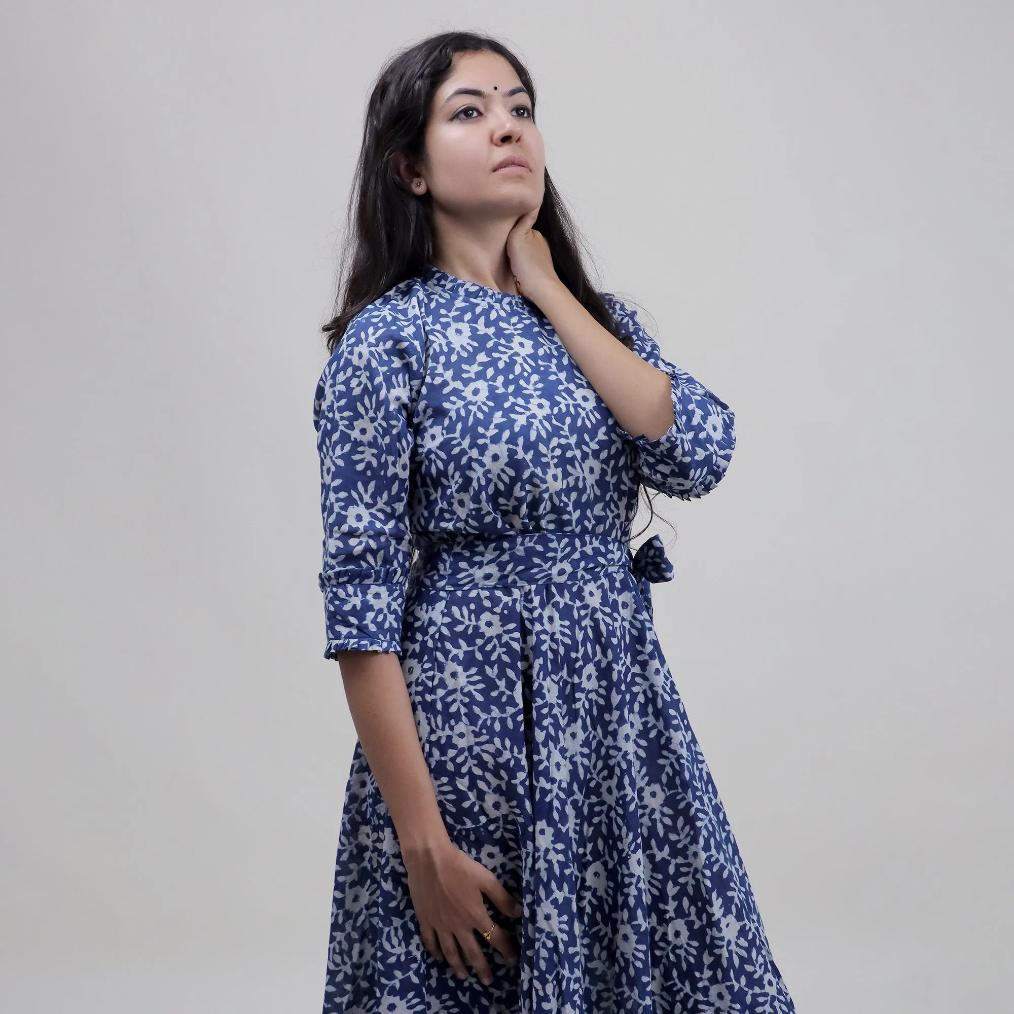 Blue Hand Block Floral Printed Long Midi Dress