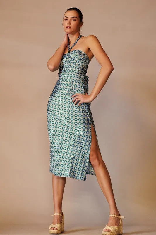 Blue/Lime Printed Satin Halter Midi Dress With Side Slit