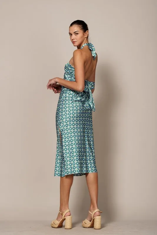 Blue/Lime Printed Satin Halter Midi Dress With Side Slit