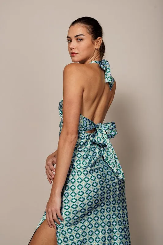 Blue/Lime Printed Satin Halter Midi Dress With Side Slit