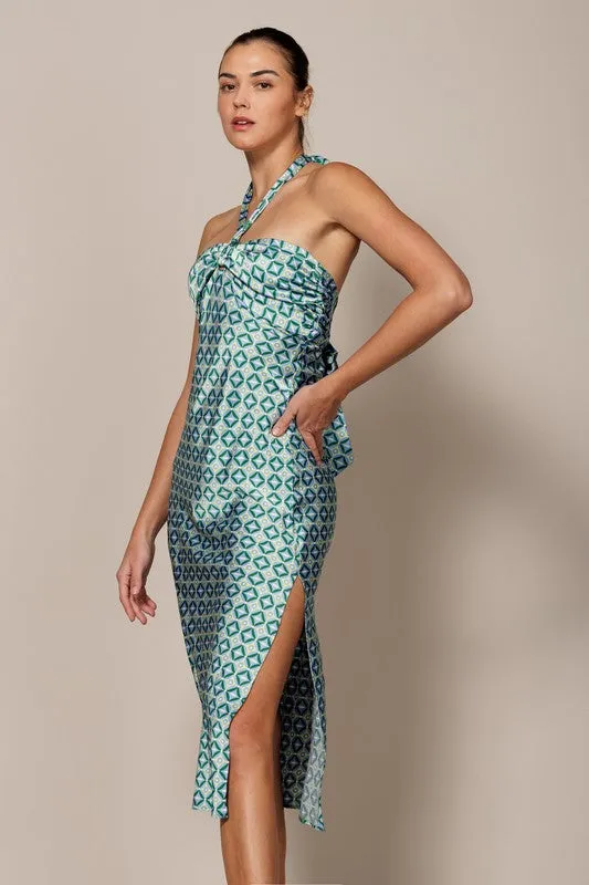 Blue/Lime Printed Satin Halter Midi Dress With Side Slit