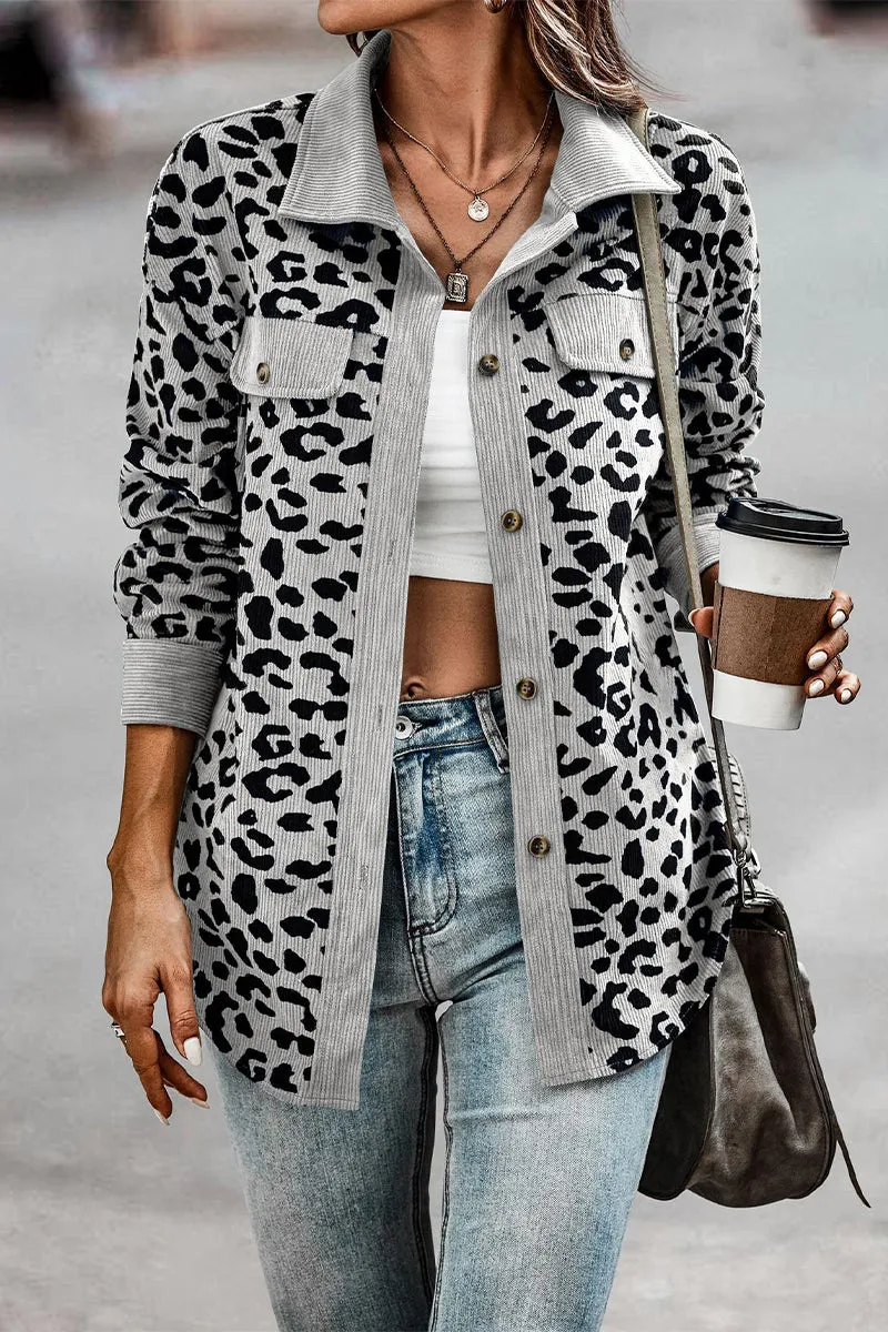 Casual Sweet Leopard Pocket Turndown Collar Tops