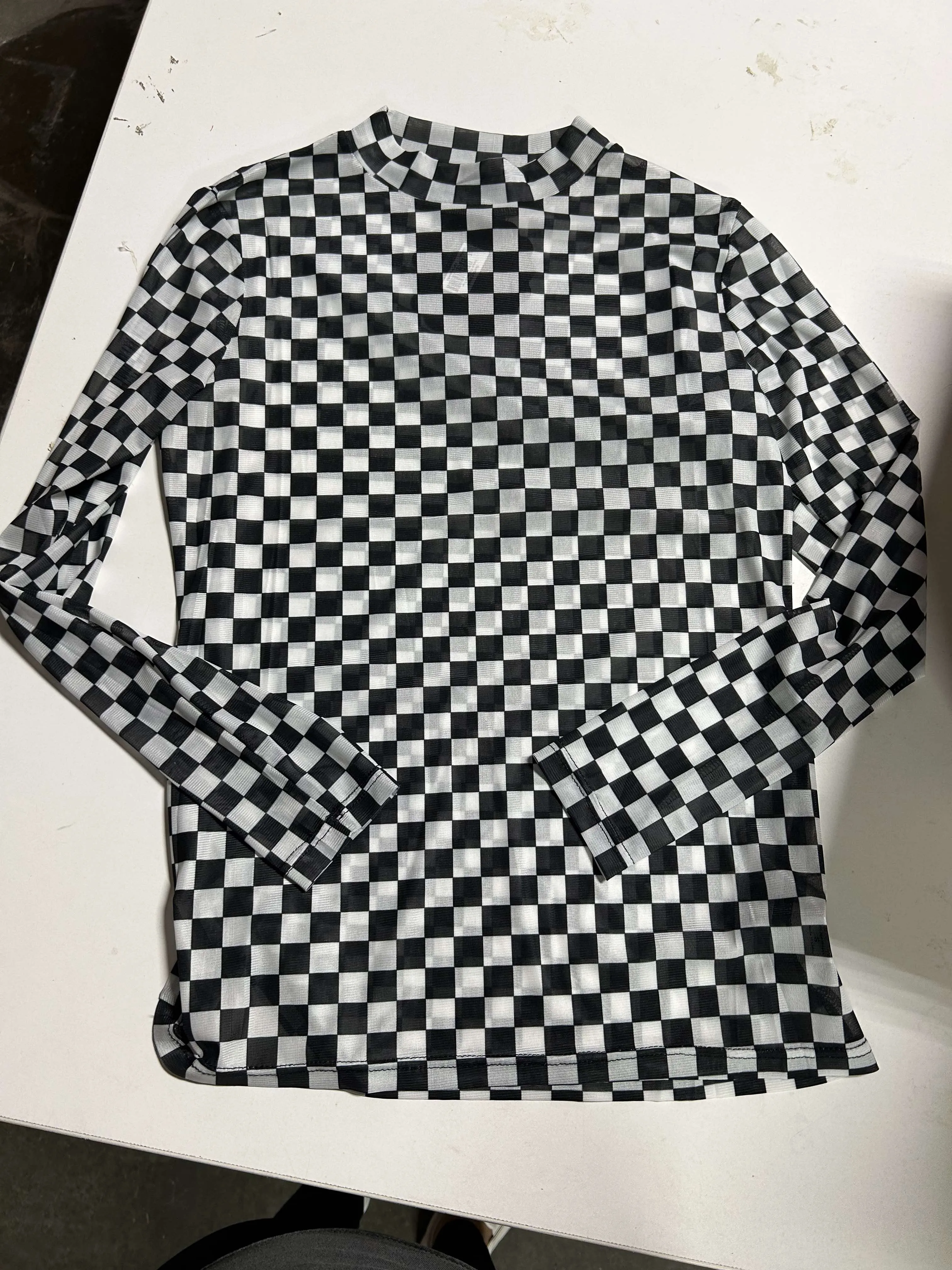 Checkered Mesh Long Sleeve Top