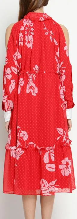 Cold-Shoulder Printed Midi Dress, Red