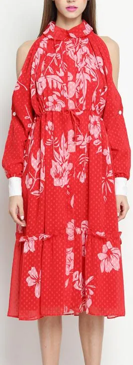 Cold-Shoulder Printed Midi Dress, Red