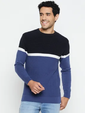 Color Block Blue Full Sleeves Round Neck Regular Fit Casual Sweater for Men