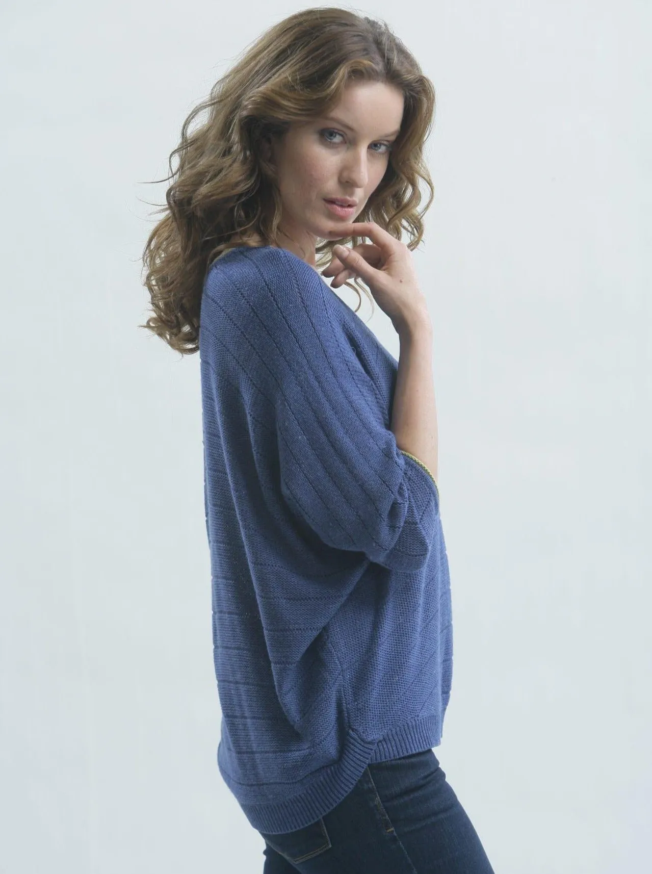 Contrast Piping Pullover in Silk/Linen Blend