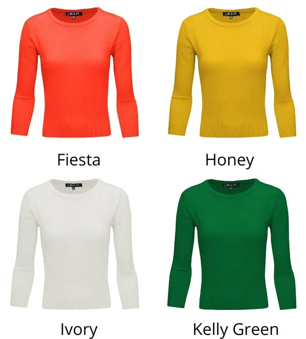 Crewneck 3/4 Sleeve Spandex Pullover Sweater