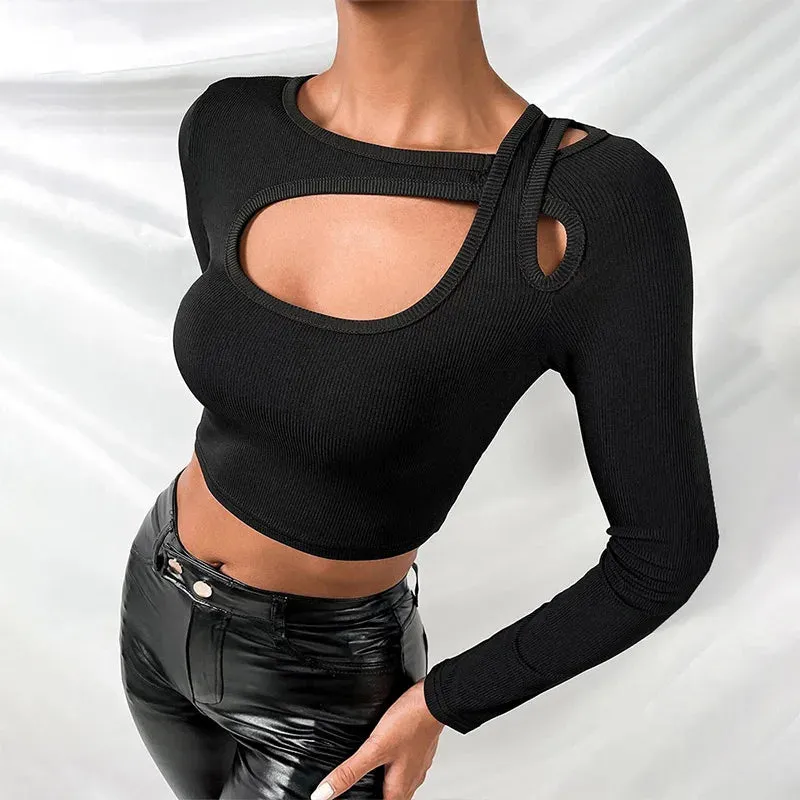 Cut Out Sexy Knitted Black Long Sleeve Tee