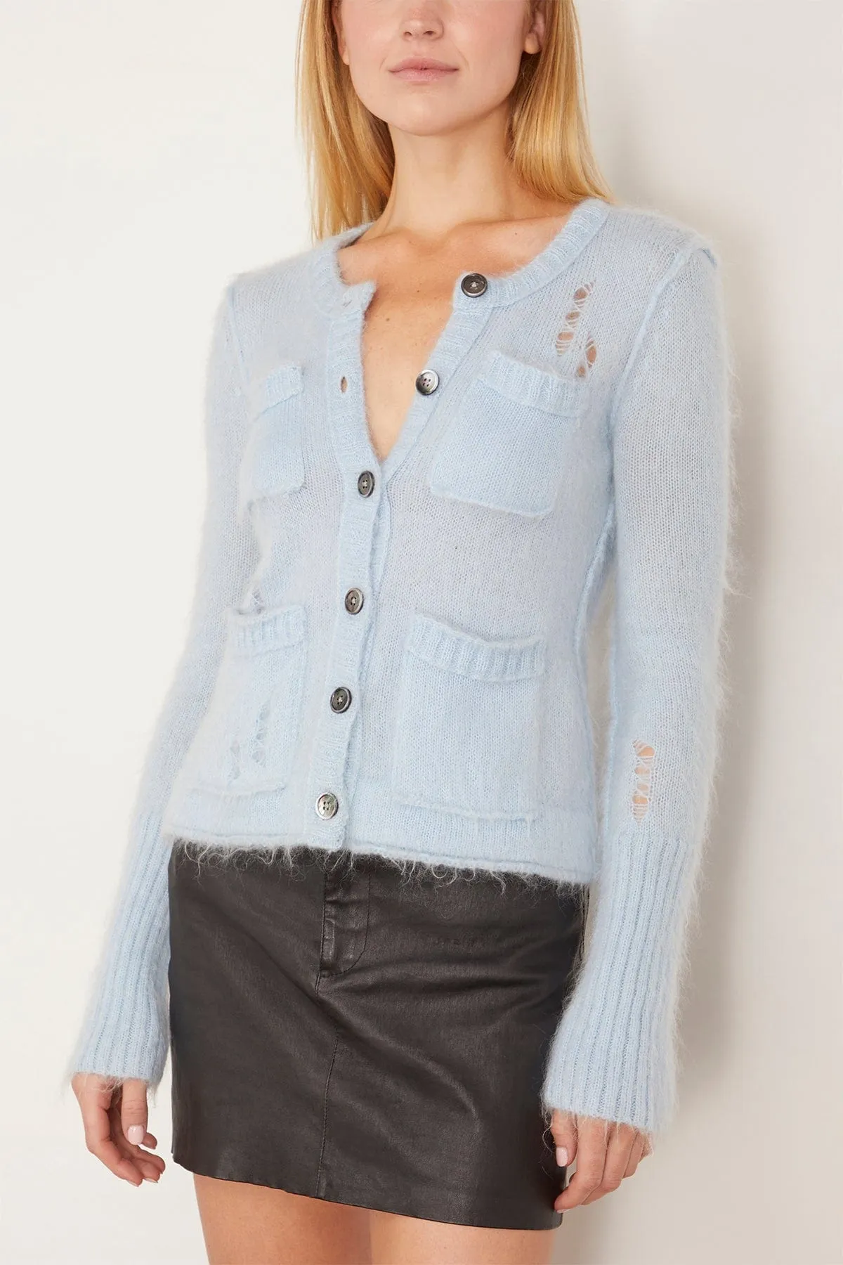 Elongated Shrunken Crewneck Cardigan in Light Blue