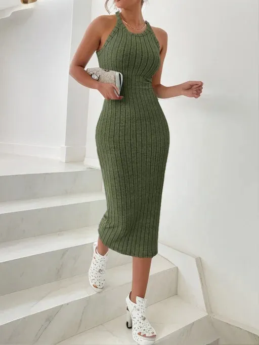 es Solid Halter Bodycon Ribbed Knit Midi Dresses