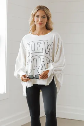 Free People Cream New York Pullover Sweatshirt