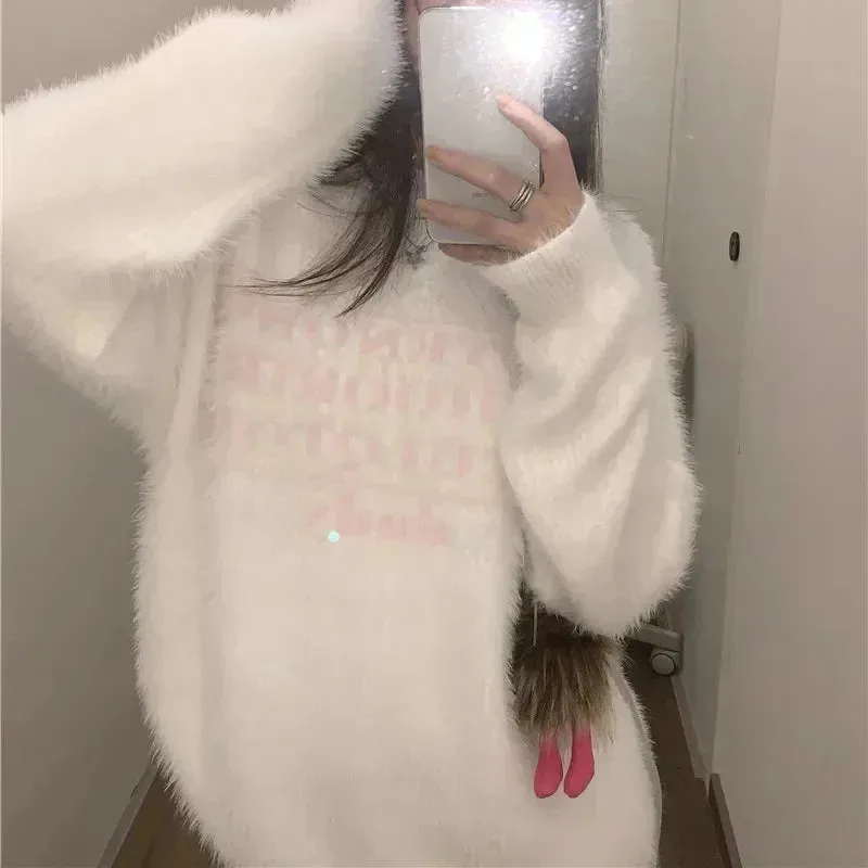 Girlary Korean Soft Woolen Sweaters For Women Letter Print Long Sleeve Knitting Pullover Solid Loose Sweaters Casual Plush Top