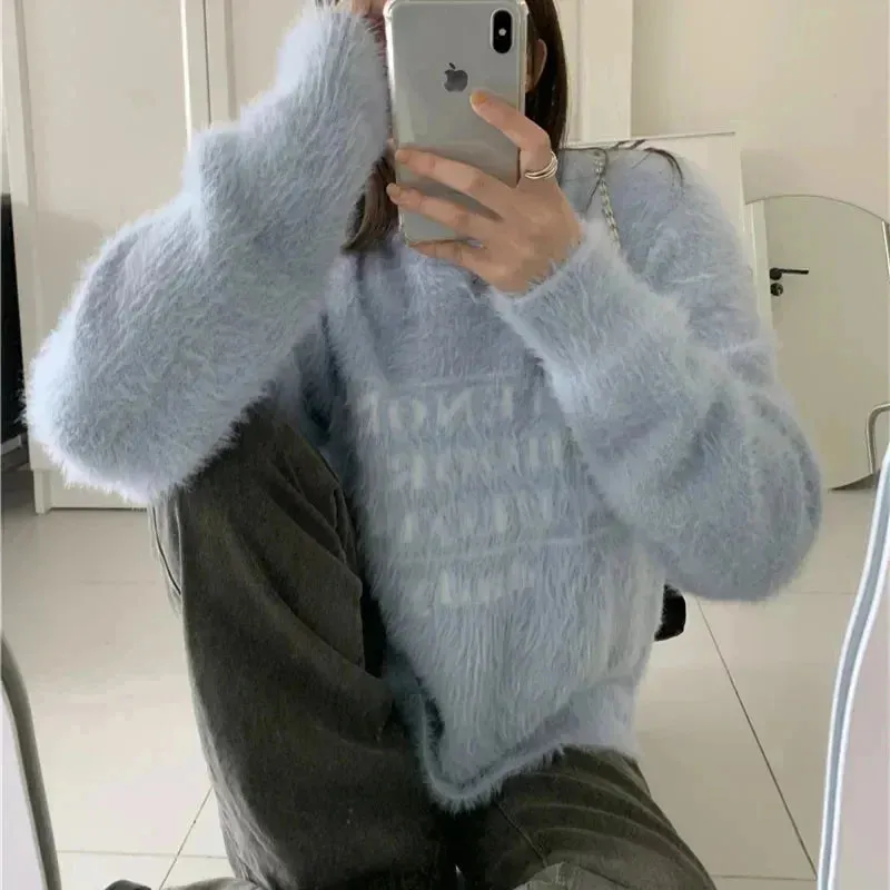 Girlary Korean Soft Woolen Sweaters For Women Letter Print Long Sleeve Knitting Pullover Solid Loose Sweaters Casual Plush Top