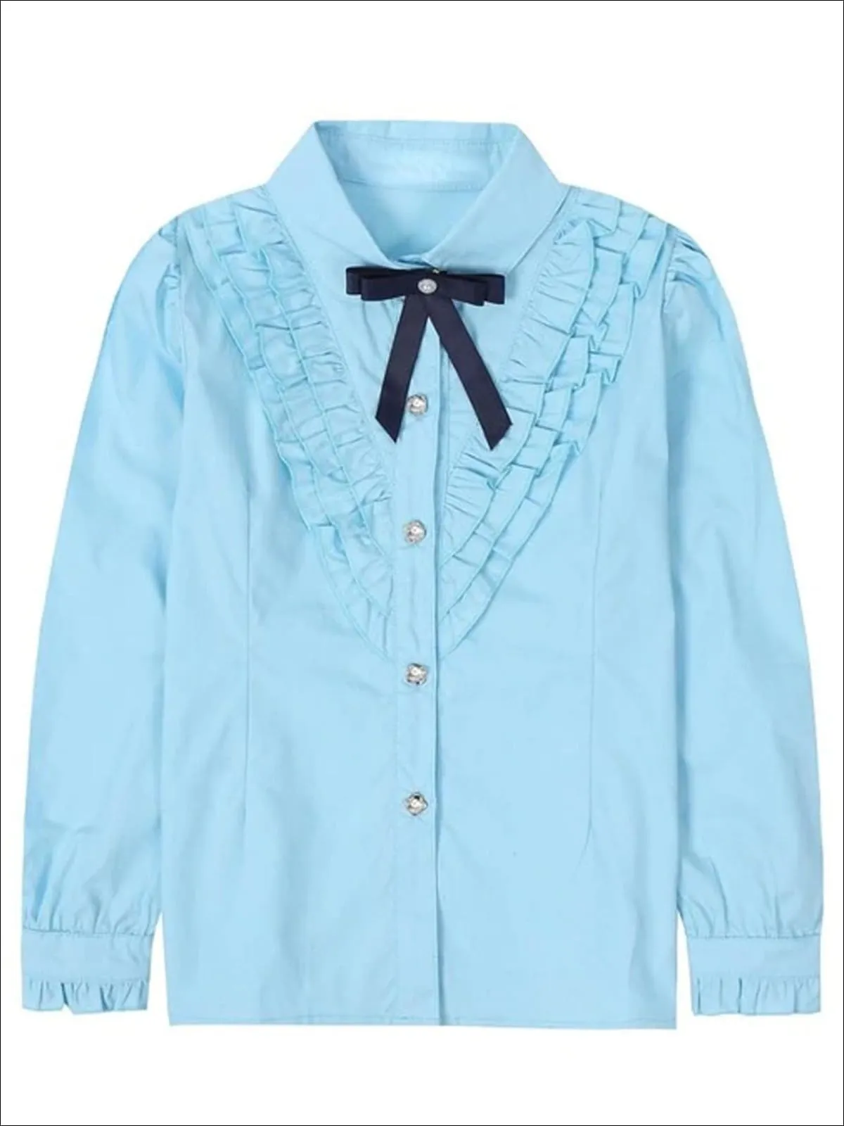 Girls Preppy V-Shape Ruffle Trim Bow Collar Long Sleeve Blouse