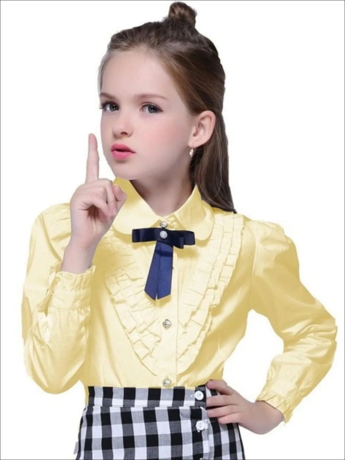 Girls Preppy V-Shape Ruffle Trim Bow Collar Long Sleeve Blouse