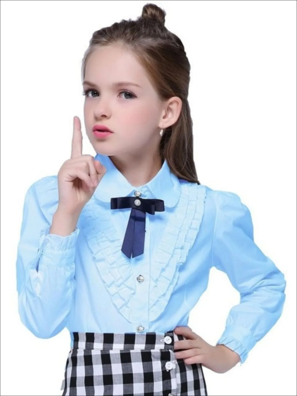 Girls Preppy V-Shape Ruffle Trim Bow Collar Long Sleeve Blouse