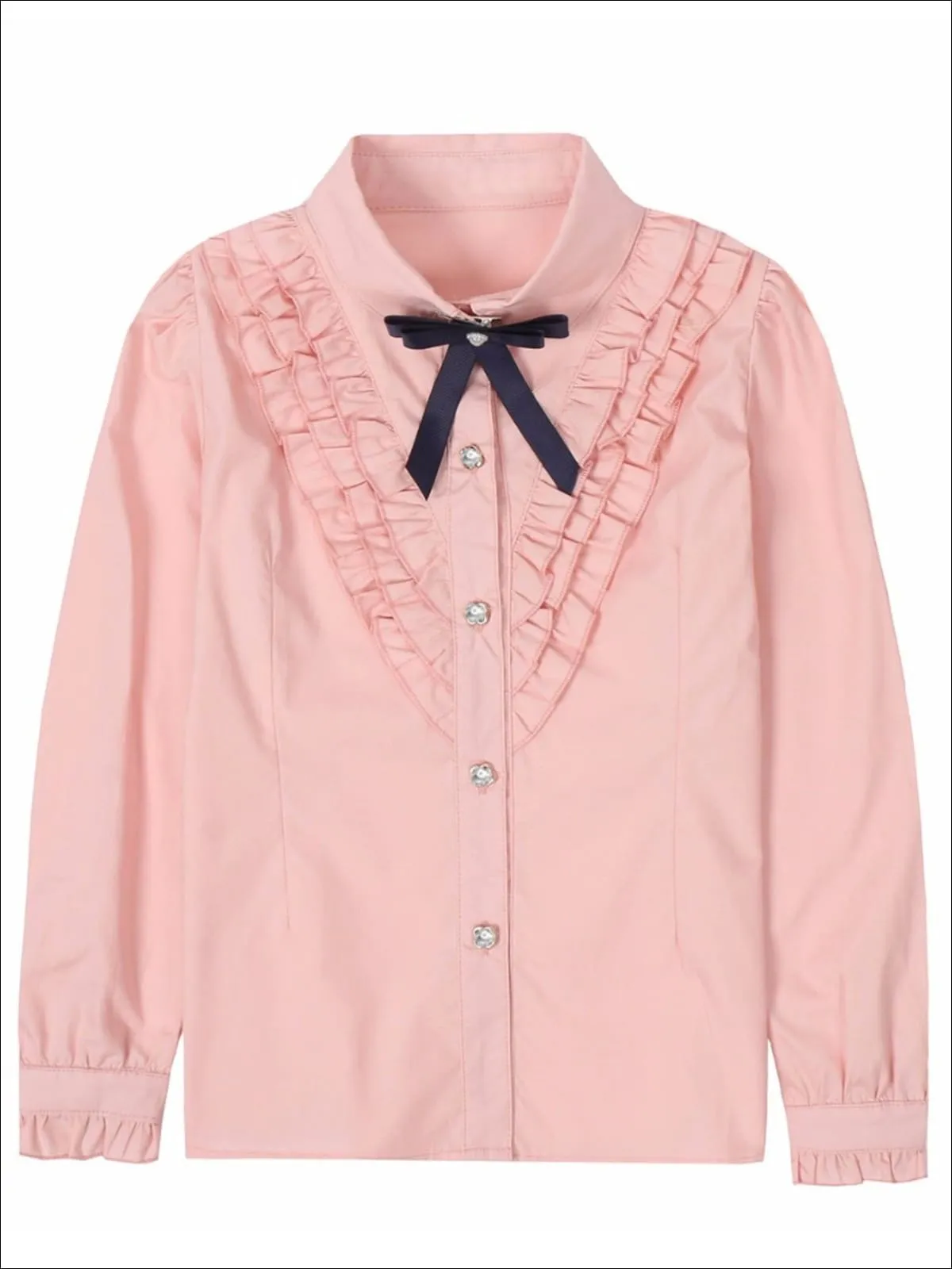 Girls Preppy V-Shape Ruffle Trim Bow Collar Long Sleeve Blouse