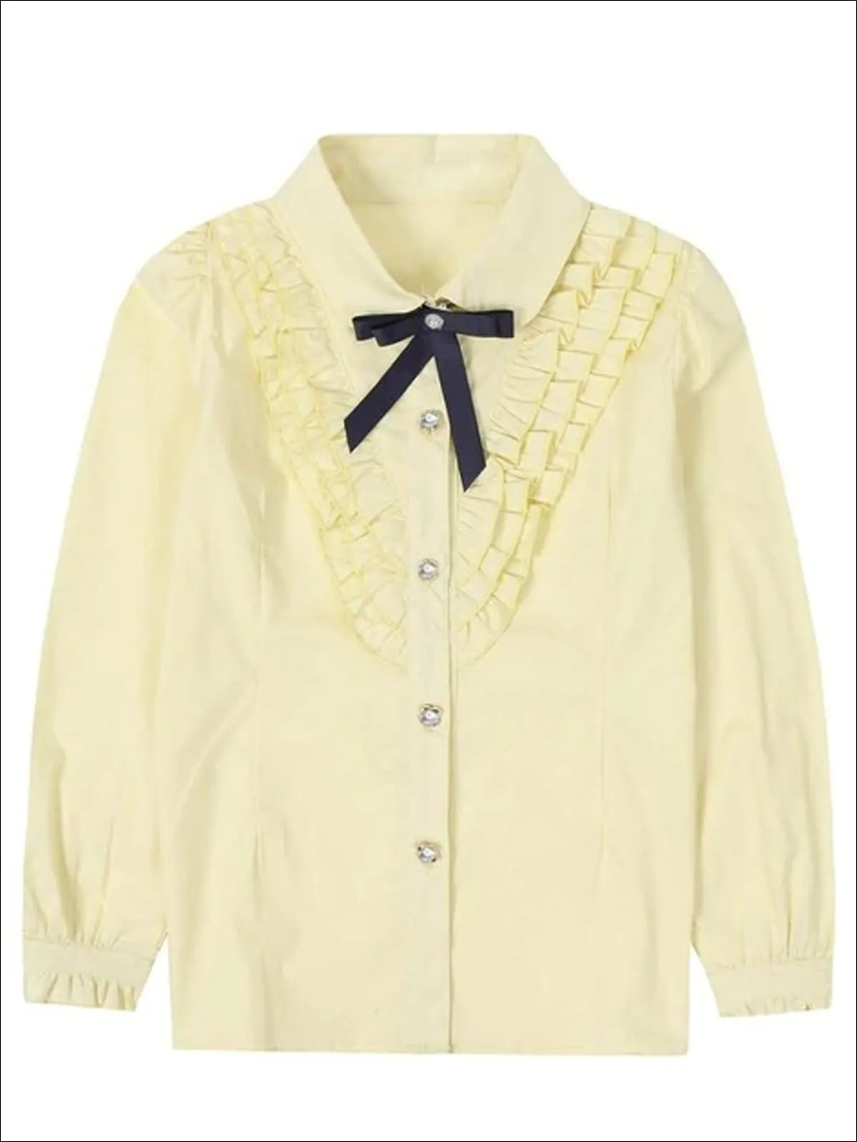 Girls Preppy V-Shape Ruffle Trim Bow Collar Long Sleeve Blouse