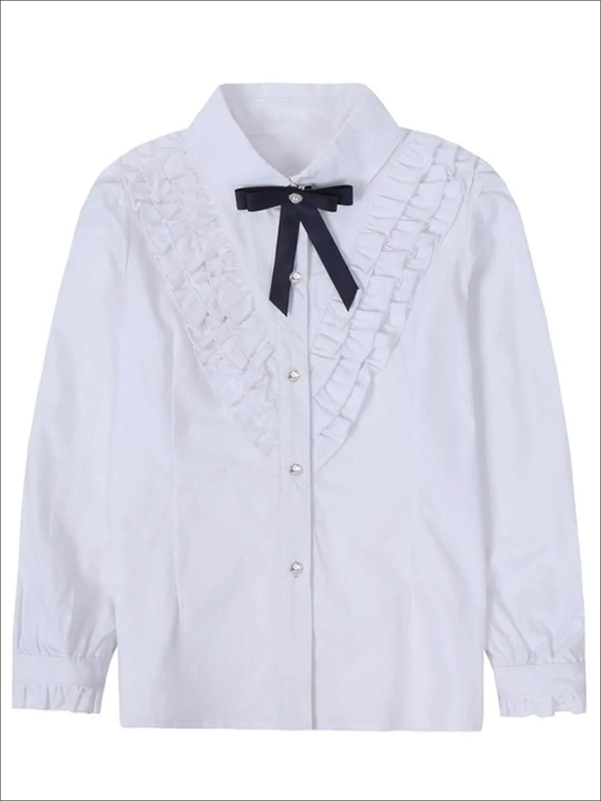 Girls Preppy V-Shape Ruffle Trim Bow Collar Long Sleeve Blouse