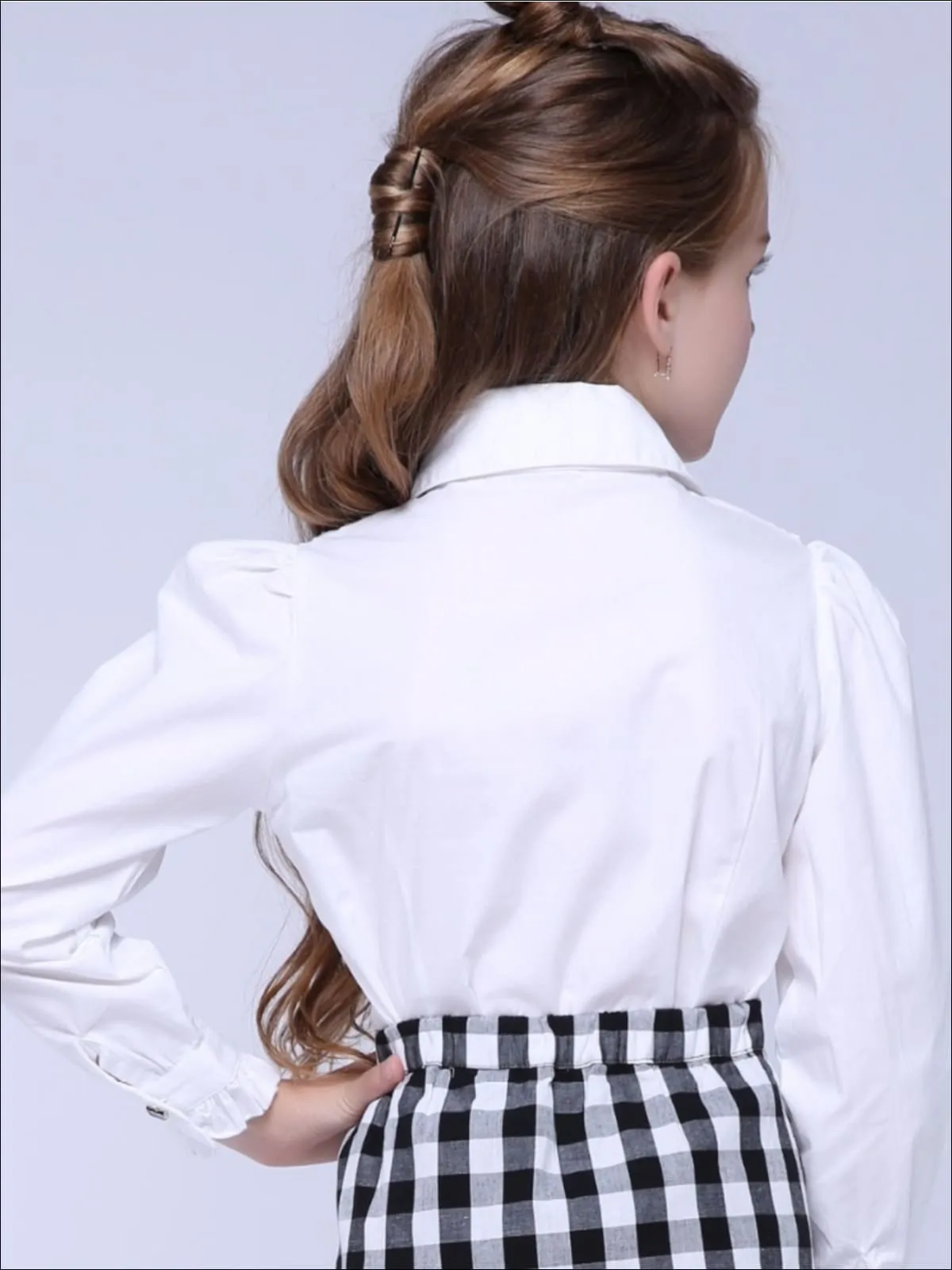 Girls Preppy V-Shape Ruffle Trim Bow Collar Long Sleeve Blouse