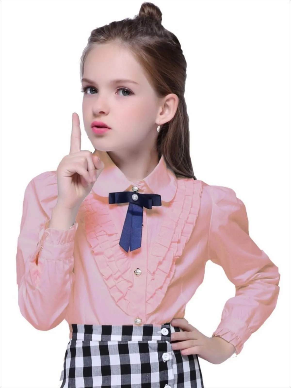 Girls Preppy V-Shape Ruffle Trim Bow Collar Long Sleeve Blouse