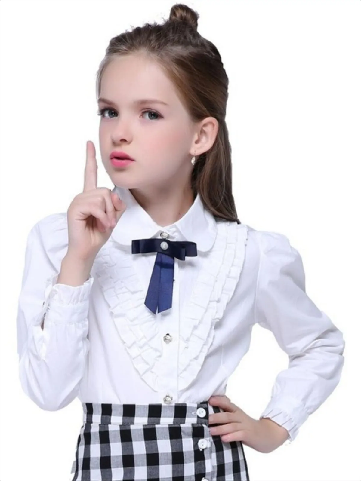 Girls Preppy V-Shape Ruffle Trim Bow Collar Long Sleeve Blouse