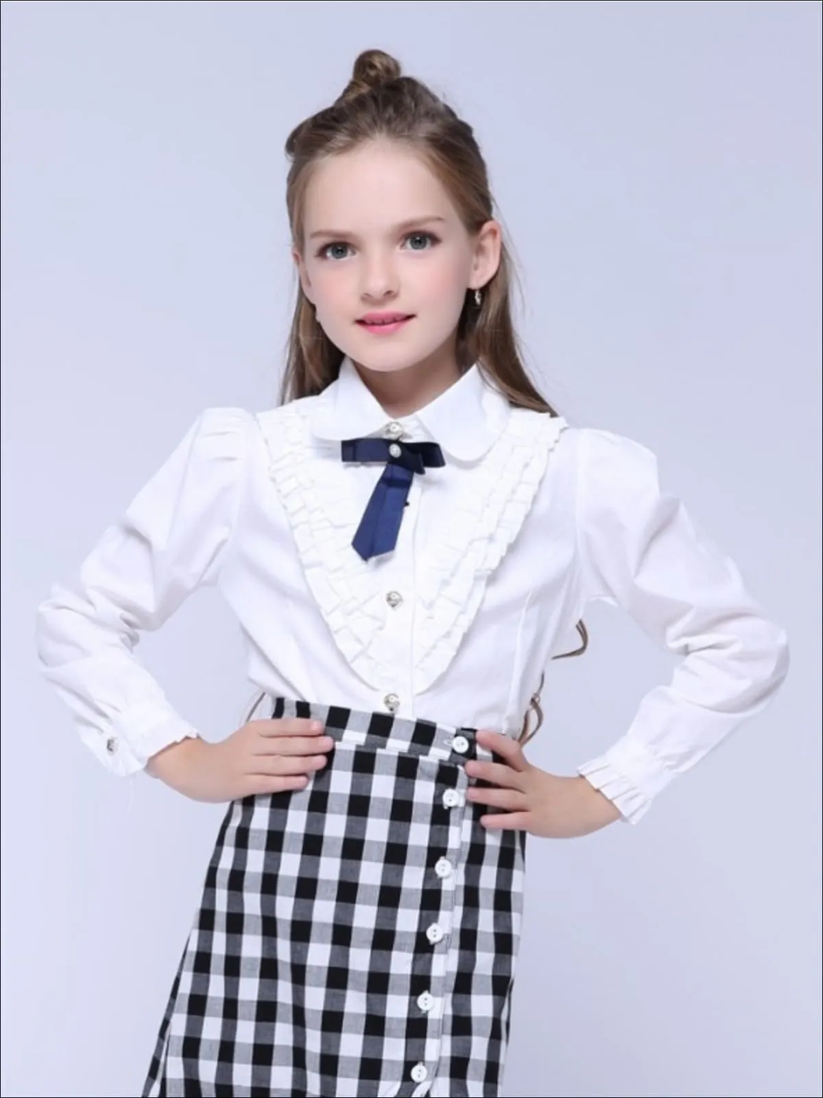 Girls Preppy V-Shape Ruffle Trim Bow Collar Long Sleeve Blouse