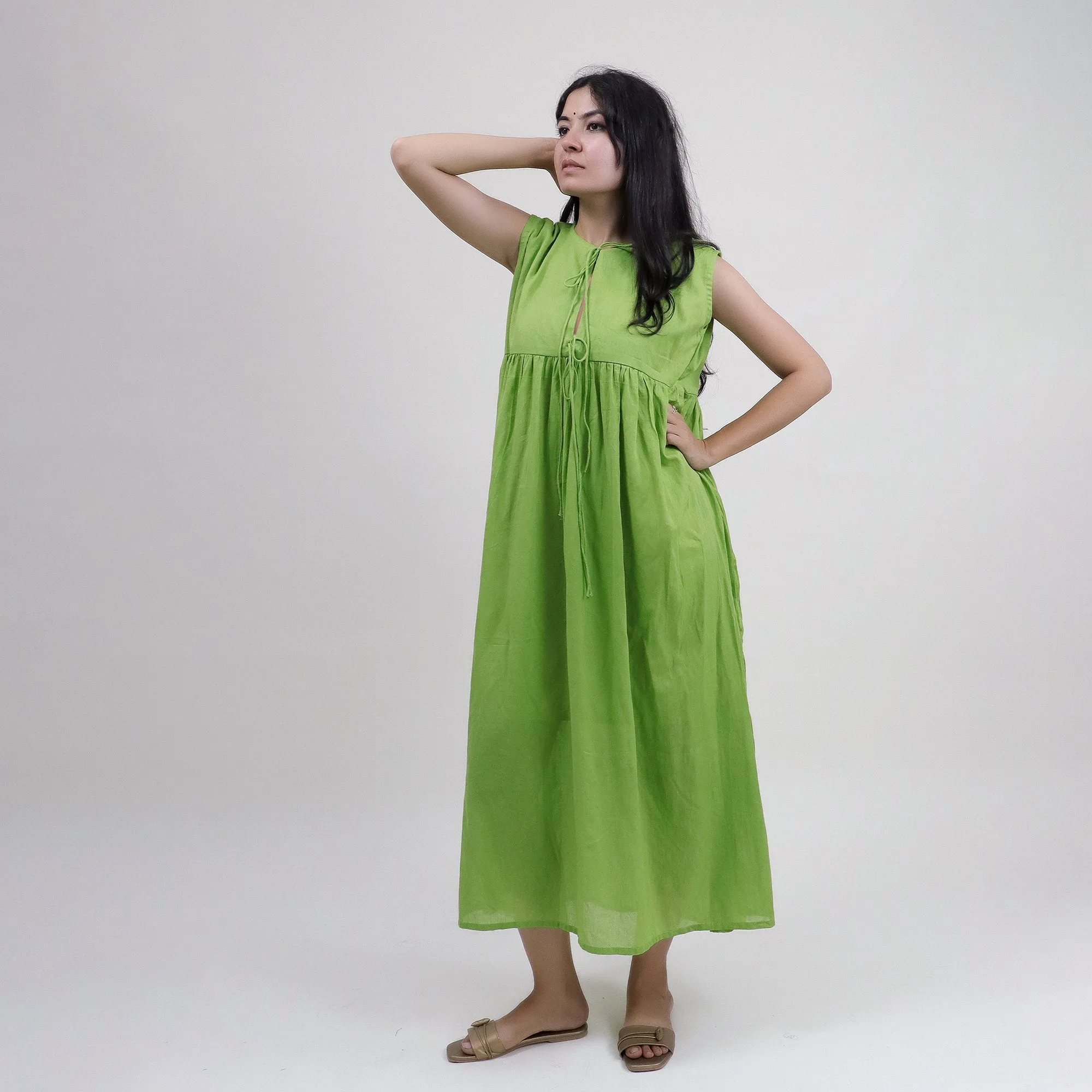 Green Solid Cotton Dress For Women