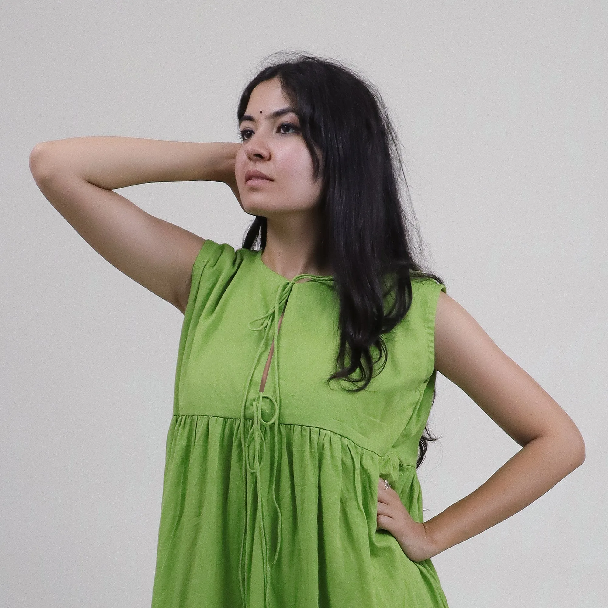 Green Solid Cotton Dress For Women