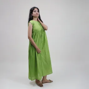 Green Solid Cotton Dress For Women