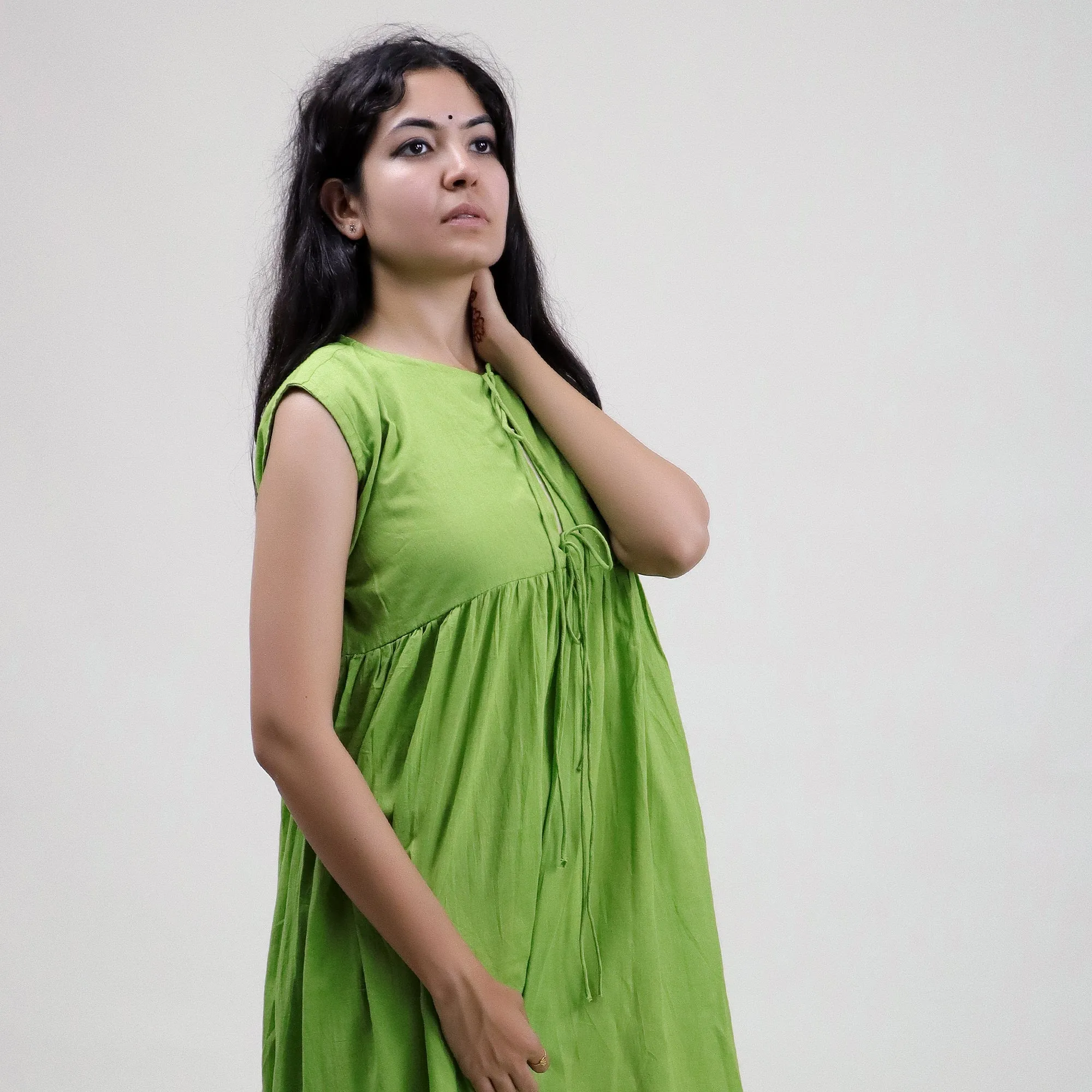 Green Solid Cotton Dress For Women