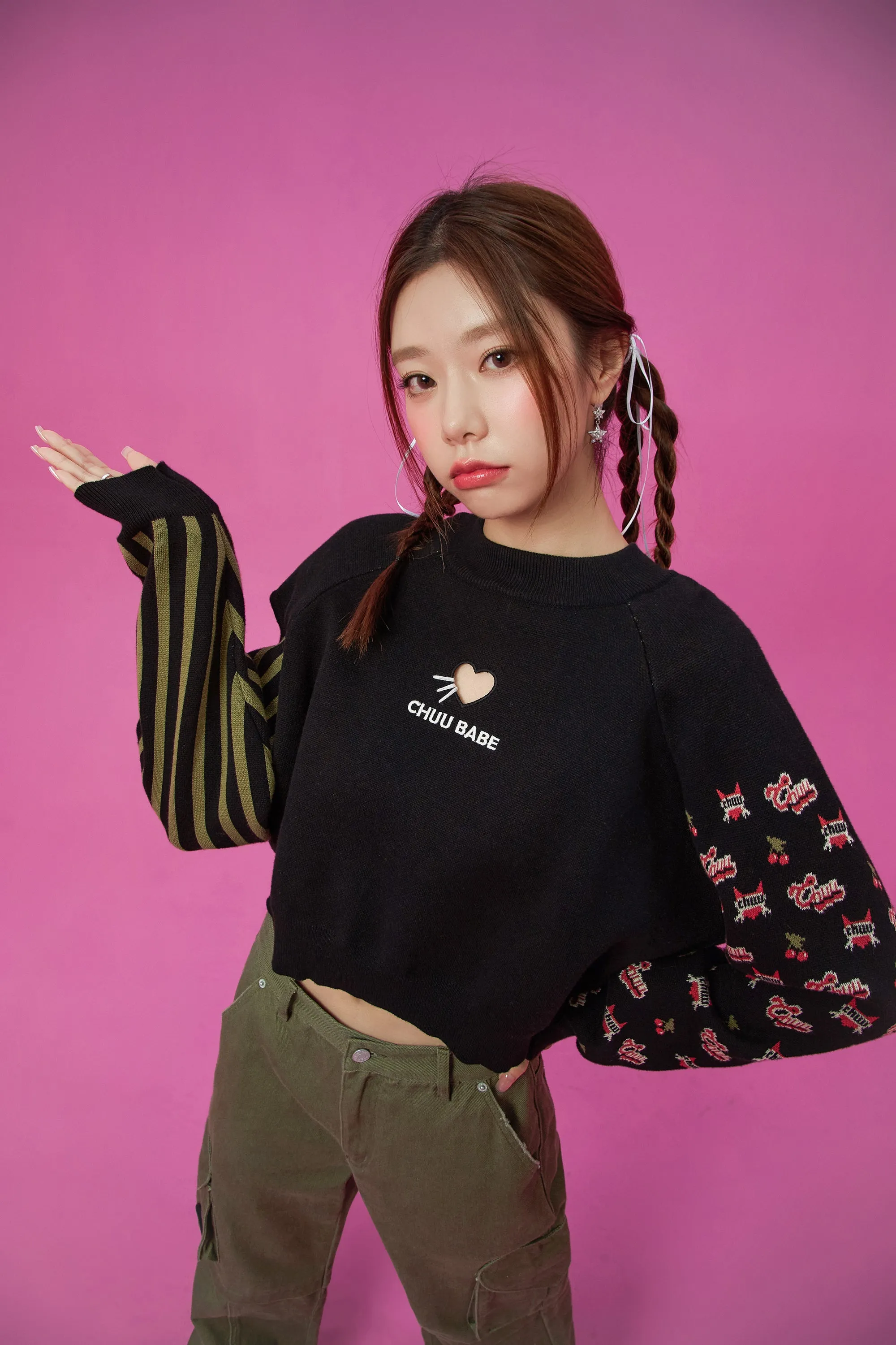 Heart Cutout Two Patterns Knit Sweater