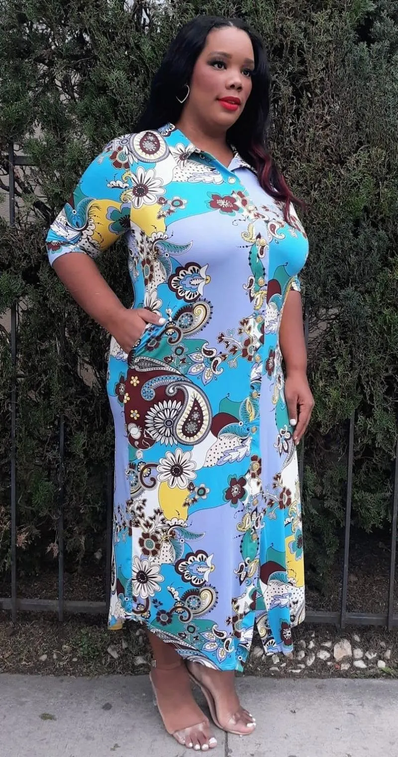 Hi Curvy  Plus Size Women Paisley Print Button Down Midi Dresses