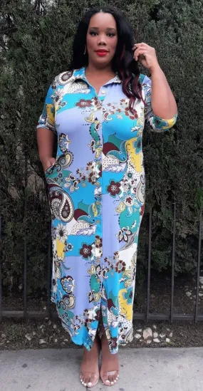 Hi Curvy  Plus Size Women Paisley Print Button Down Midi Dresses