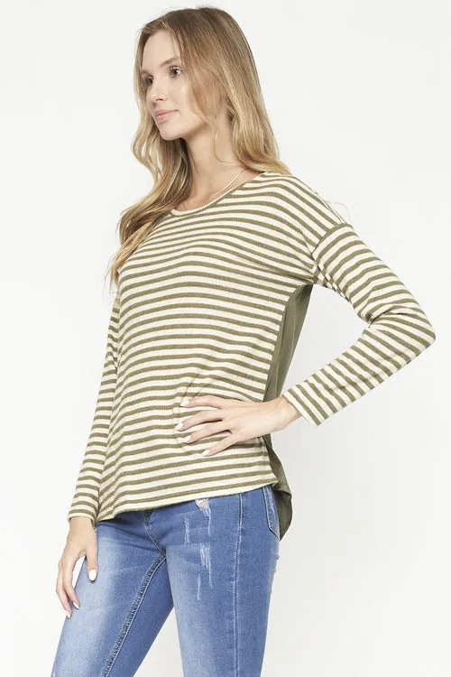 Ivory Stripe Knit Long Sleeve Suade Detail Knit Top (D71260)