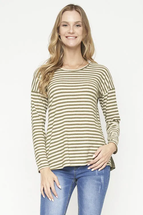 Ivory Stripe Knit Long Sleeve Suade Detail Knit Top (D71260)