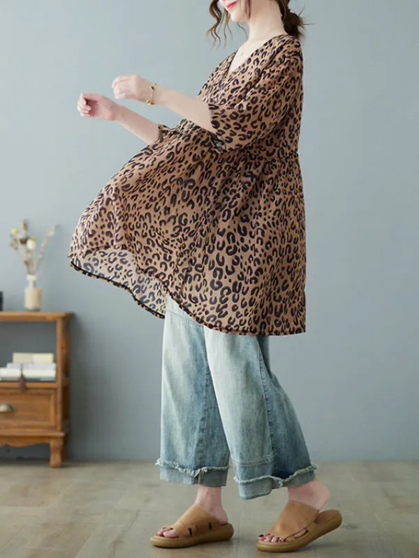 Leopard Half Sleeves Loose V-neck T-Shirts Tops Blouses&shirts Tops