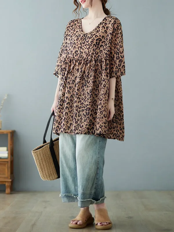 Leopard Half Sleeves Loose V-neck T-Shirts Tops Blouses&shirts Tops