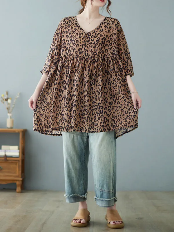 Leopard Half Sleeves Loose V-neck T-Shirts Tops Blouses&shirts Tops